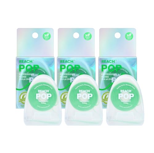 REACH POP Dental Floss Peppermint Plaque Remover for Teeth Shred Resistant Vegan Wax Cruelty Free Eco Friendly Packaging Oral Care PFAS Free for Adults & Kids 3 Pack 54.6 yd