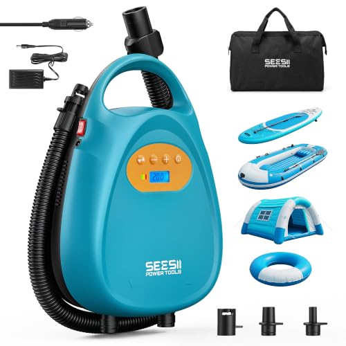 Seesii Cordless Paddle Board Pump Electric Rechargeable 20PSI SUP Pump Intelligent Dual Stage Fast Inflation & Deflation Portable High Pressure Auto-Off Air Pump for Paddleboards Boat Kayaks