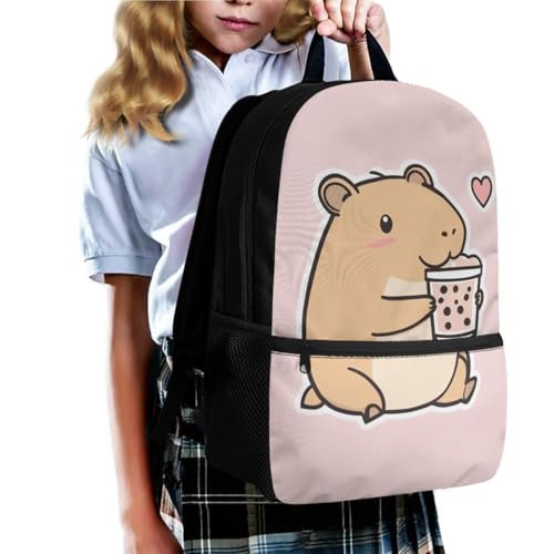 Cozeyat Milk Tea Capybara Backpack for Girls 4-in-1 Back to School Set Kindergarten to Elementary Backpack with Lunch Box & Pencil Case for Kids Age 6-83