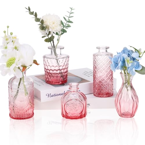 5pcs Pink Glass Bud Vase Set Small Flower Vases for Centerpieces in Bulk Mini Vintage Vase for Home Wedding Table Decor