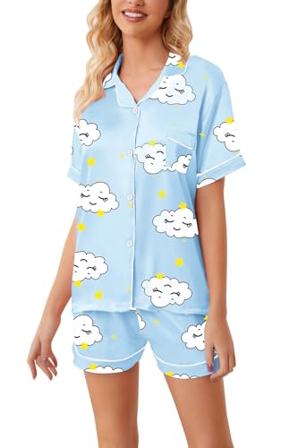 Image of Schbbbta Girls Womens Pajamas, Satin Silky Pjs Set Kids 2Pcs Button-Down Nightwear Sleepwear Gift for Mommy and me