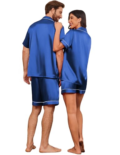 Image of Ekouaer Couple Matching Pajamas Sets Silk Short Sleeve Button Down Sleepwear Satin Pjs Shorts Set Soft Loungewear S-XXL