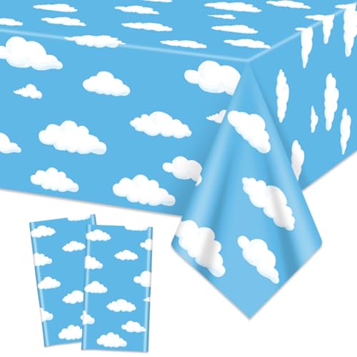 QUERICKY Lot de 2 nappes d'anniversaire Story, 137 x 274 cm, Motif Nuage Bleu Ciel Blanc, décoration imprimée pour garçon et Fille, Fournitures de fête d'anniversaire