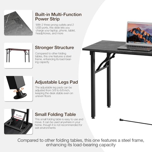 TEMI Small Computer Desk Folding Table - No Assembly, Compact 55.1" Foldable Desk with Power Outlets & USB Charging Port, Portable Small Office Desk, Ideal Mini Study Table, Marble Greige by TEMI - Image 6