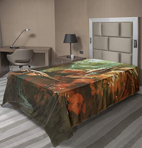 Ambesonne Fantasy World Flat Sheet, Spaceship on Background of Waterfall Lighthouse and Red Canyon Fantasy Landscape, Soft Comfortable Top Sheet Decorative Bedding 1 Piece, Twin Size, Brown