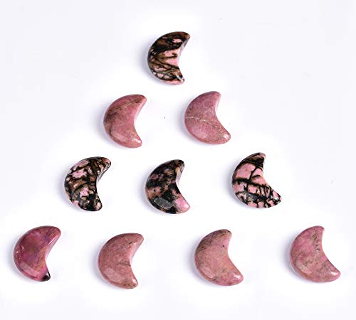 AMOYSTONE 10 Pcs Natuarl Rhodonite Authentic Healing Crystal Moon Shape Polished Stones for Meditation, Jewelry Making, Decoration