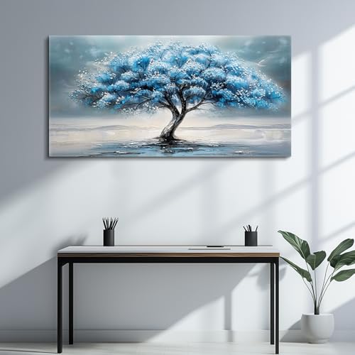 FUHAIHUA Farmhouse Wall Decor For Living Room Large Canvas Wall Art For Bedroom Office Decorations Blue Tree Paintings Abstract Wall Pictures Artworks Ready To Hang Home Decor Mural Art 24"X48"