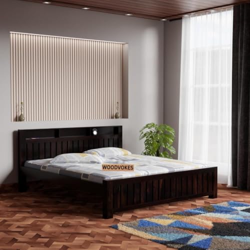 Image of Sheesham Wood Bed Without Storage Solid Wooden Cot Bed Elegant and Functional Bedroom Living Room Home (Plan Slate Design, Queen)