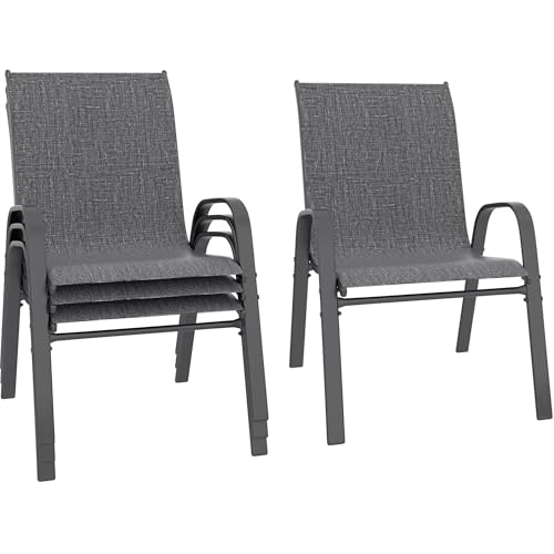 Betterhood Patio Chairs Set of 4, Stackable Outdoor Dining Chairs Set with Breathable Seat Fabric, All-Weather Powder-Coated Metal Frame for Deck, Pool Side and Backyard, 350LBS Capacity (Grey)