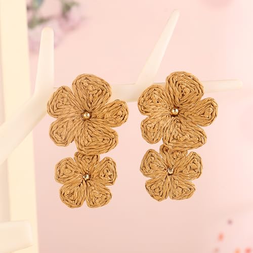 Image of Handmade Raffia Hoop Earrings Statement Tropical Bohemian Straw Dangle Earrings Natural Rattan Vacation Style Round Earrings for Women Summer Beach Party Essential Jewelry