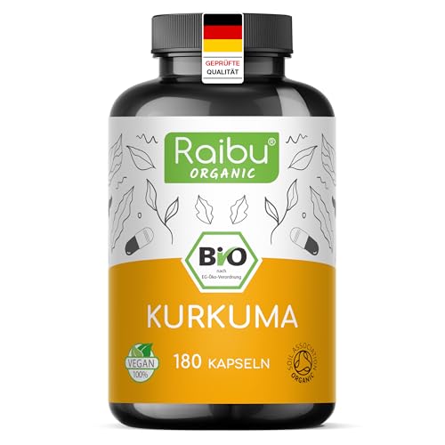 BIO Kurkuma Kapseln hochdosiert - 180 Curcuma Kapseln hochdosiert, 3000mg pro Tagesdosis - Hoher Curcumin Gehalt, in Deutschland produziert - Vegan kurkuma kapseln hochdosiert - Raibu