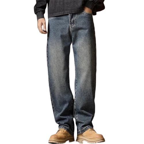 Men's Elastic Waist Jeans – Relaxed Fit Blue Denim Pants with Zipper and Button