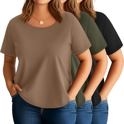 3 Pack Women's Plus Size Cotton Shirts, Scoop Neck Short Sleeve Casual Tops Summer Basic Tunic Tees