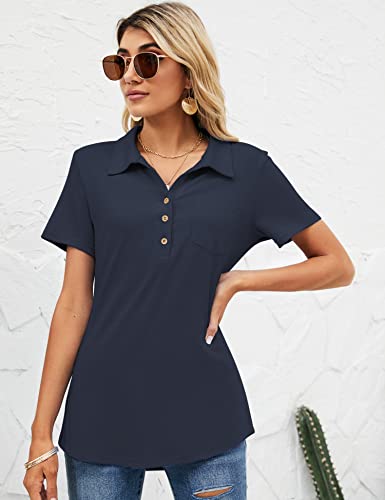 Tfsdod Womens Pocket Polo Shirts Button Down Collared Tunic Tops V Neck Work Casual Blouse Navy Blue S #TOP1