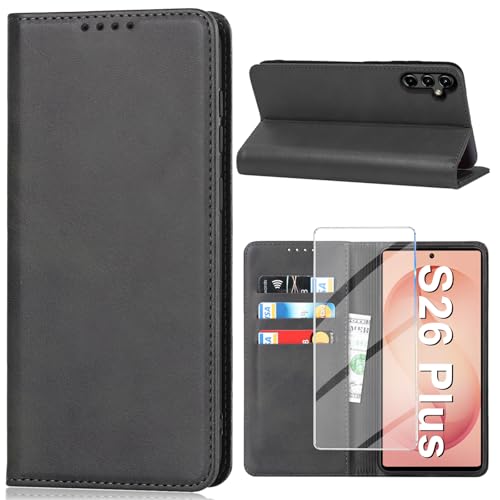 Vaki Handyhülle für Samsung Galaxy S26 Plus Hülle mit Schutzfolie Cover PU Leder Wallet Kartenfach Klapphülle Schutzhülle für Samsung S26 Plus 5G Flip Case Coqu Tasche Handyschutz (Schwarz)
