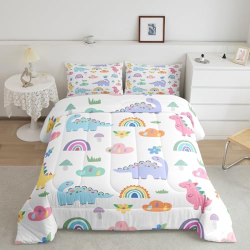 Image of Feelyou Cartoon Dino Kids Baby Comforter Set Full Size Jungle Dinosaur Animals Comforter Cute Colorful Rainbow Dino Girls Comforter Set Boys Nature Wildlife Duvet Set Nursery Toddler Quilt Set