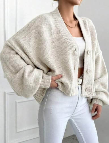 yoeasy Womens Cropped Cardigans Sweater Trendy Fall Lantern Sleeve Button Down Loose Open Front Knit Sweater Top4