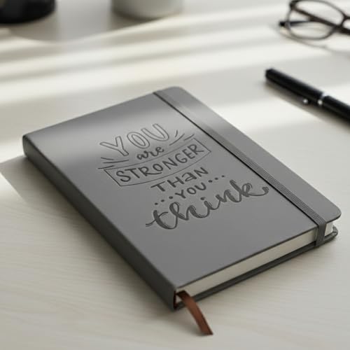 Image of Professional Motivational Notebook A5 Size Hardcover Diary for Men Women and Students with You Are Stronger Than You Think Laser Engraved Quote Grey Personal Journal for Office School Daily