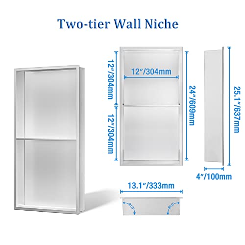 Neodrain No Tile Shower Niche, Stainless Steel Wall Niche 13.1"X 25.1"(Inner Size 12"X24"), Two-Tier Bathroom Shelf, No Tile Needed Recessed Niche Shower For Bathroom Storage #TOP4