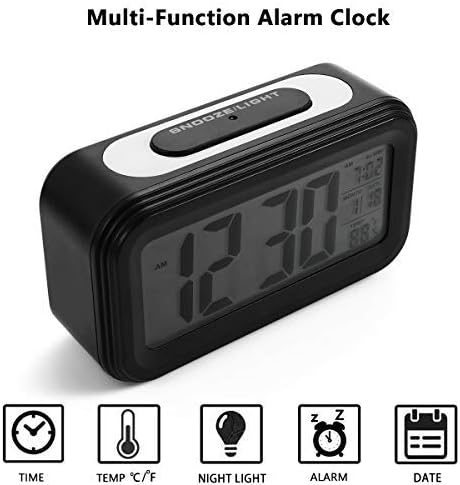Battery Alarm Clock, 4.5" LCD Display Digital Clock for Kids, Backlight, Night Light, Date and Indoor Temperature, Table Clocks for Bedrooms, Simple Small Alarm Clock (Black)