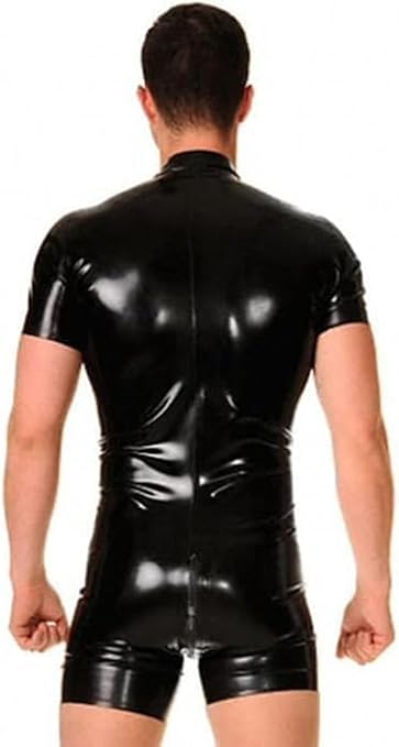Male Sexy Black Rubber One-Pieces Mens Latex T-shirt Latex Shorts with Front Zip