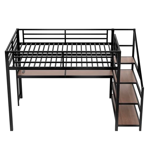 Image of Bellemave Queen Size loft Bed with Storage Stairs, Shelves, Metal Queen Loft Beds with LED Lights, USB Ports, Multifunctional Iron Nets for Adults, Kids, Teens, Black