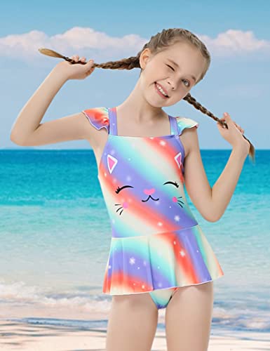 Geru Girls One Piece Rash Guard Swimsuit Quick Dry Cat Print Ruffle Surfing Water Sport Sun Protection Upf 50+ Beach Bathing Swimwear Purple 9-10 Years #TOP2