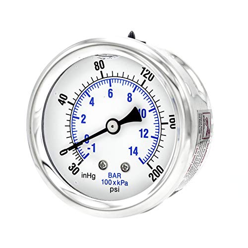 Pic Gauge Pro-202L-254Cg Glycerin Filled Industrial Center Back Mount Pressure Gauge With Stainless Steel Case, Brass Internals, Plastic Lens, 2-1/2" Dial Size, 1/4" Male Npt, 30/0/200 Psi #TOP3
