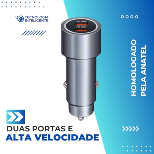 Carregador Veicular Turbo 60W USB C com Cabo Tipo C de 1 Metro Compatível com Novo Iphone 15 16 Pro