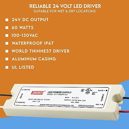 Image of Jinbo 60W 24V LED Driver, Power Supply, IP67 Waterproof, 3Years Warranty, Volts Transformer Adapter, Short Circuit Protection, Energy-Efficient & Reliable, LED Lights, Outdoor Light, UL Listed