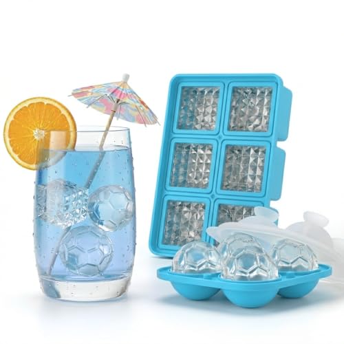 Image of Premium Combo of Large 3D Crystal Square Ice Cube Tray & Football Shaped Silicone Molds for Chilling Drinks, Chocolates, Juice, Jelly and Many More. Pack of 2 (Light Blue)