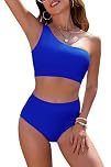 SHEKINI Bikini Set for Women High Waisted One Shoulder Two Piece Swimsuit Padded Tummy Control Swimwear Vintage Bathing Suit Royal Blue