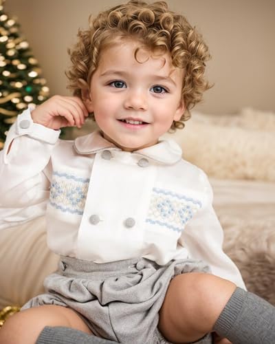 Twoflower Toddler Boy Smocked Outfit，Baby Boys' Fall Clothes Sets，Long Sleeve Button Down Shirts for birthday Christmas2