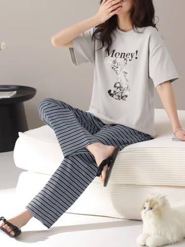 Image of Celary Korean Women's Pyjama Set|Half Sleeve T-Shirt & Printed Pyjama Set for Women|Size:- M to 4XL|Soft Cotton Blend Comfortable Night Suit for Women