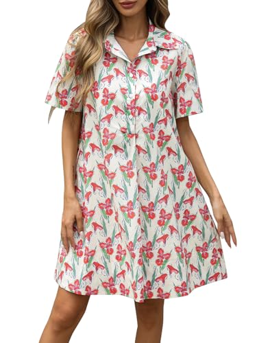 Image of LifeShe Summer Floral Dress Women's Printed Casual Sundress Short Sleeve Button Up Shirt Dresses with Pockets
