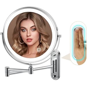Rocollos Espejo de Maquillaje Iluminado Recargable, Espejo de Tocador con 3 Luces de Color, Pantalla Táctil Regulable, LED de 8'' Doble Cara 1X10X Aumento Giratorio de 360 ° (Cromo)