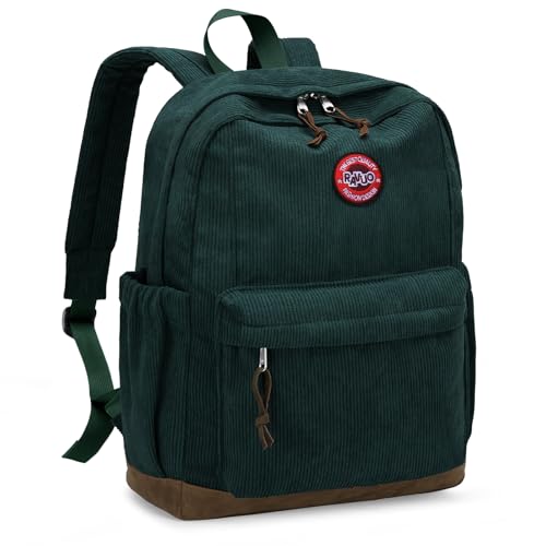RAVUO Corduroy Backpack Bookbag for Women Men Vintage School Daypack with Laptop Compartment Aesthetic Casual Travel Bag for College Student & Teen Girls Green