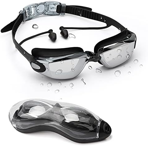 Upgraded Swimming Goggles with Conjoined Ear Plugs - UV Protected Mirrored Swim Goggles with HD Anti-flog Lens, Protection Case, Adjustable Silicone Strap - Unisex Goggles for Men Women Kids Adults