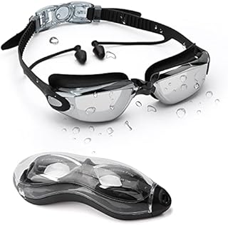 Upgraded Swimming Goggles with Conjoined Ear Plugs - UV Protected Mirrored Swim Goggles with HD Anti-flog Lens, Protection Case, Adjustable Silicone Strap - Unisex Goggles for Men Women Kids Adults