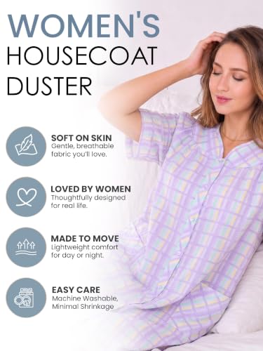 Image of Casual Nights Women's Snap - Front House Dress Short Sleeve Woven Housecoat Duster Lounger Robe with Pockets
