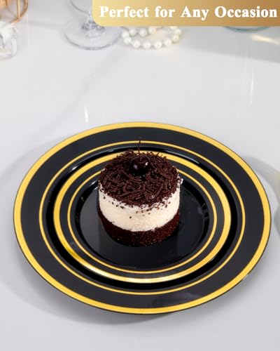 Image of Goodluck 200 PCS Black Plastic Plates with Gold Rim, Heavy Duty Disposable Black Plates with 100 10.25 inch Dinner Plates and 100 7.5 inch Dessert Plates for Party, Holiday, Wedding