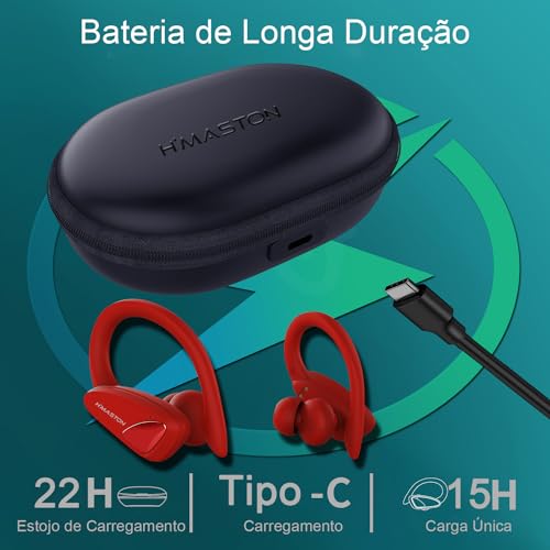 H'MASTON Fone de Ouvido Sem Fio Esportivo Fone BLuetooth 5.3 Tws Cancelamento de Ruído Com Microfon