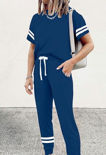 Image of PRETTYGARDEN Women's Two Piece Outfits Striped Short Sleeve Pullover and Long Pants Tracksuit Pajama Lounge Jogger Sets