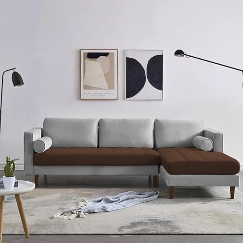 Image of Lezra RHS 4 Seater L Shape Sofa Set for Living Room (Brown Grey Fabric) Premium Fabric Sofa