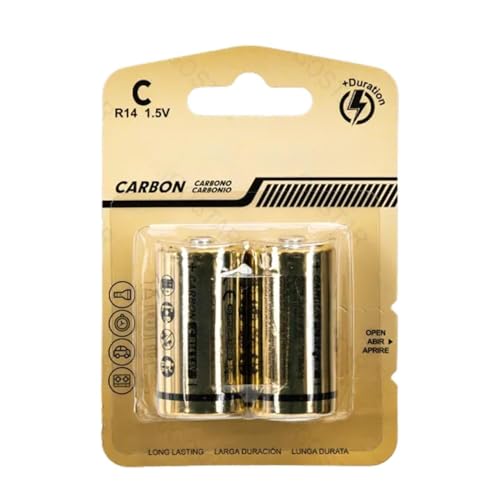 Pila de carbón-Zinc R14 C 1.5V, 2 Unidades, Ideal para Dispositivos electrónicos y Juguetes Que requieren energía Constante.