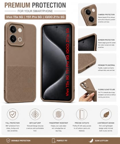 Image of Silicone Back Cover Case for Vivo T5x 5G Y51 Pro 5G iQOO Z11x 5G | Soft Micro-Fibre Lining Inside | Anti Slip Grip & Camera Protection | Shockproof Case for (Brown)