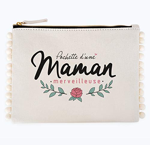Manahia Pochette Pompon Cadeau Maman - Pochette d'une Maman Merveilleuse - Trousse Maman en Coton - Fête des Mères - Annonce Grossesse Maman - Cadeau...