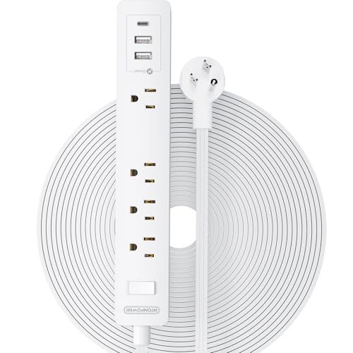 NTONPOWER Long Extension Cord 25 Ft Flat Extension Cord Under Carpet Power Strip Long Cord Wall Mount Power Strip with 4 Outlets 2 USB A + USB C Overload Protection for Indoor Home Dorm Office