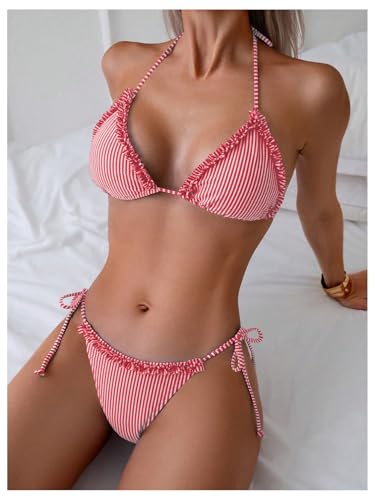 OYOANGLE Women's 2 Piece Bikini Set Striped Frilly Trim Halter Swimsuit Backless Tie Side Bathing Suits3