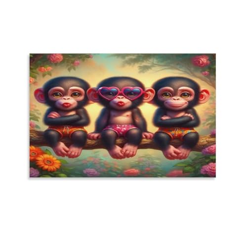 Pièce d'art trois chimpanzés design raffiné salon 60x90cm
